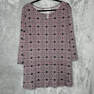 Emaline 2X Top Shirt Pink Black Paisley 3/4 Sleeve Keyhole Round Neck Stretch